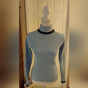 Cache Blue Ribbed Turtleneck Sweater